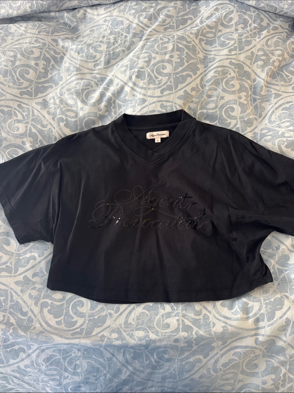 Agent Provocateur Black Cropped V-Neck Tee with Tonal Script